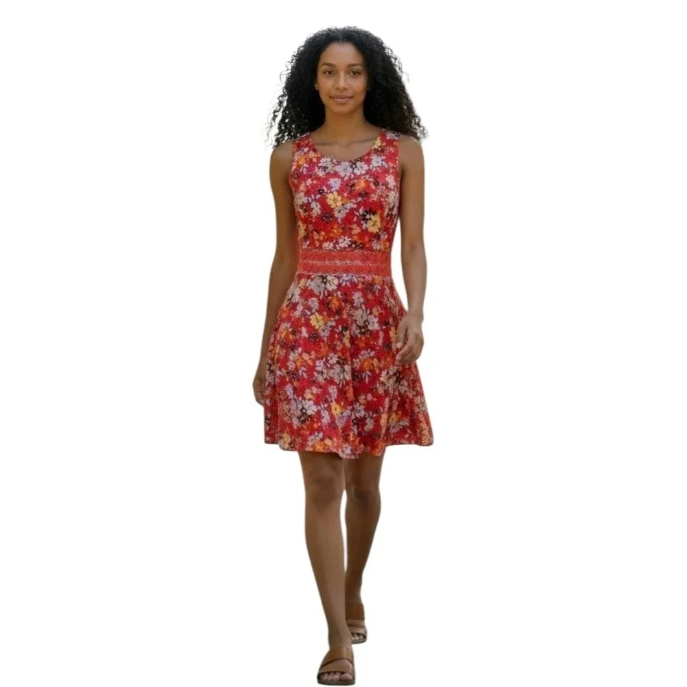 Free People Red Floral A-Line Sleeveless Mini Dress Crochet W Waist‎ 10